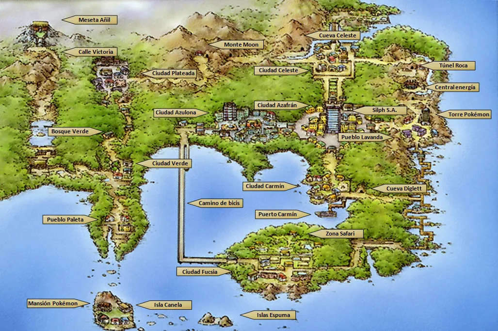 Mapa de Kanto en Pokémon Rojo Fuego y Pokémon Verde Hoja