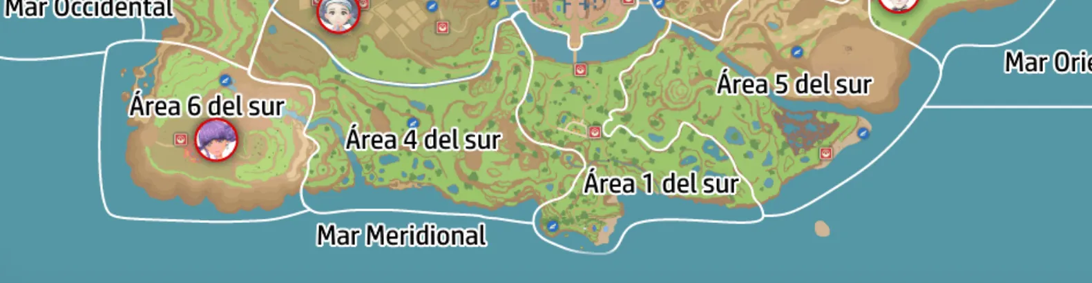 Mapa de Paldea con Mar Meridional de Paldea señalado