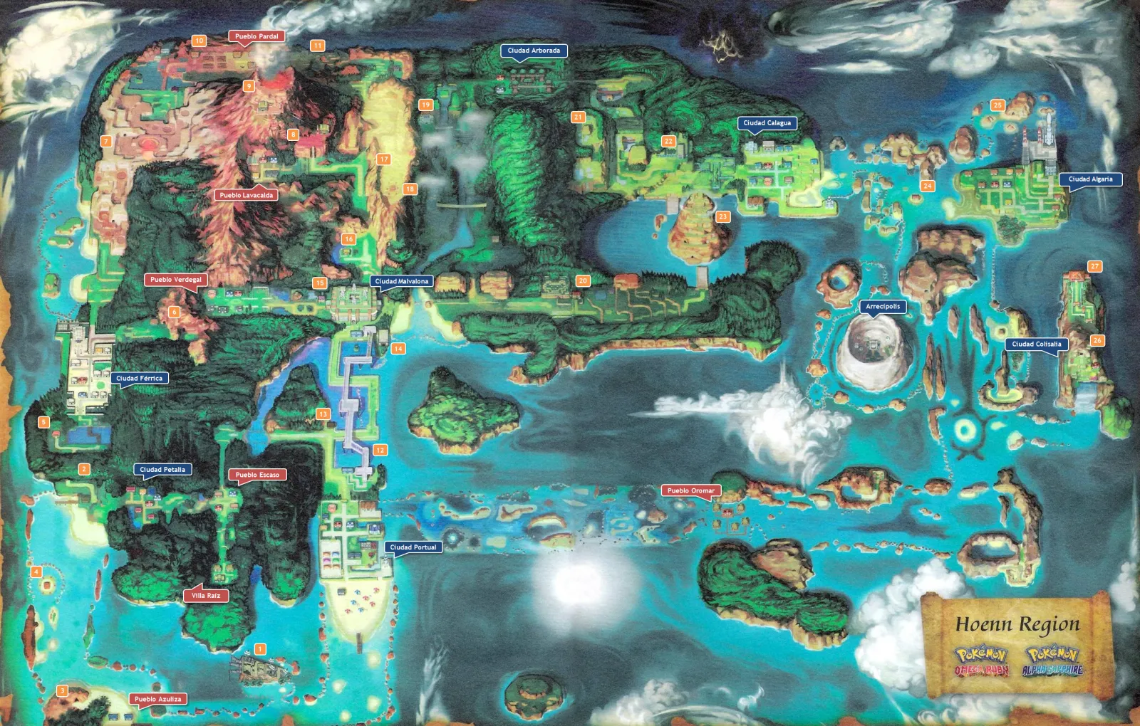 Mapa de Hoenn en Pokémon Rubí Omega y Pokémon Zafiro Alfa