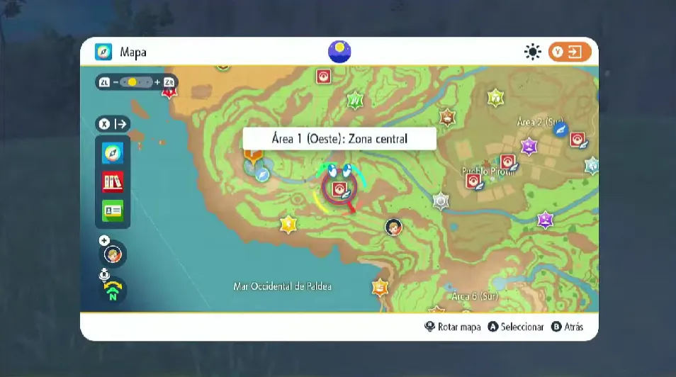 Mapa de Paldea con Área 1 del oeste señalado
