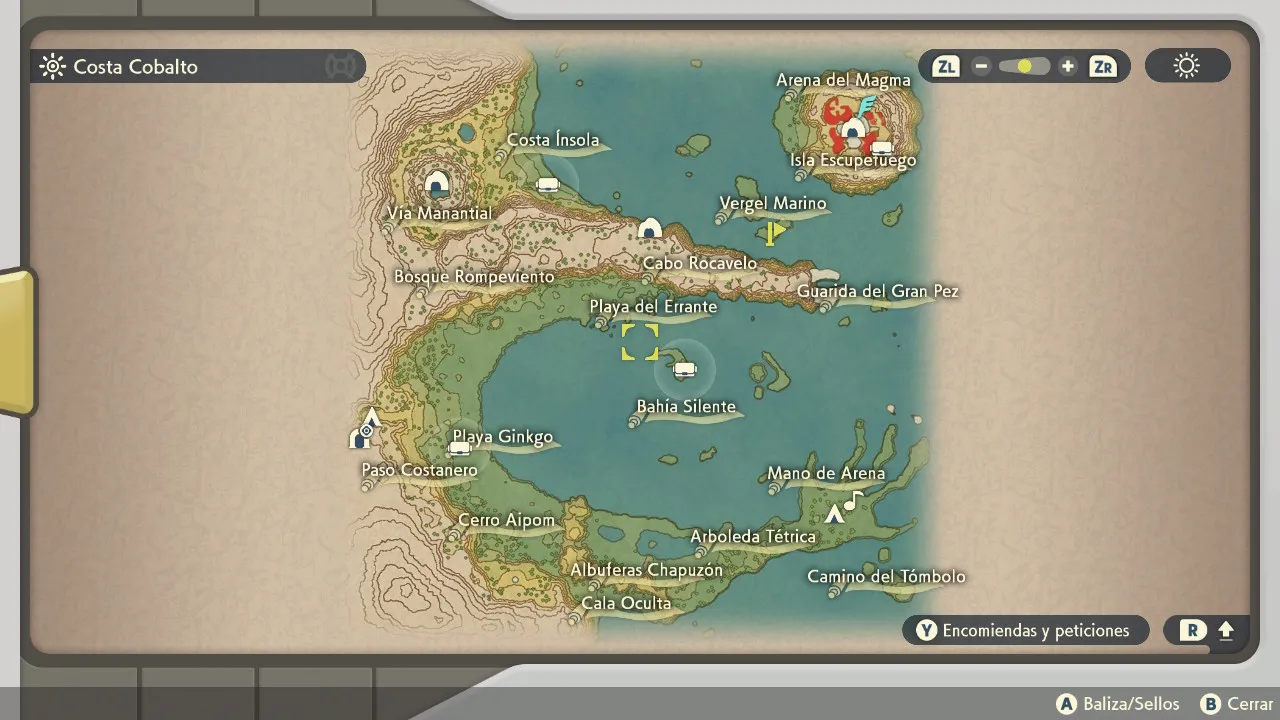 Mapa de Hisui con Cueva Costera señalado