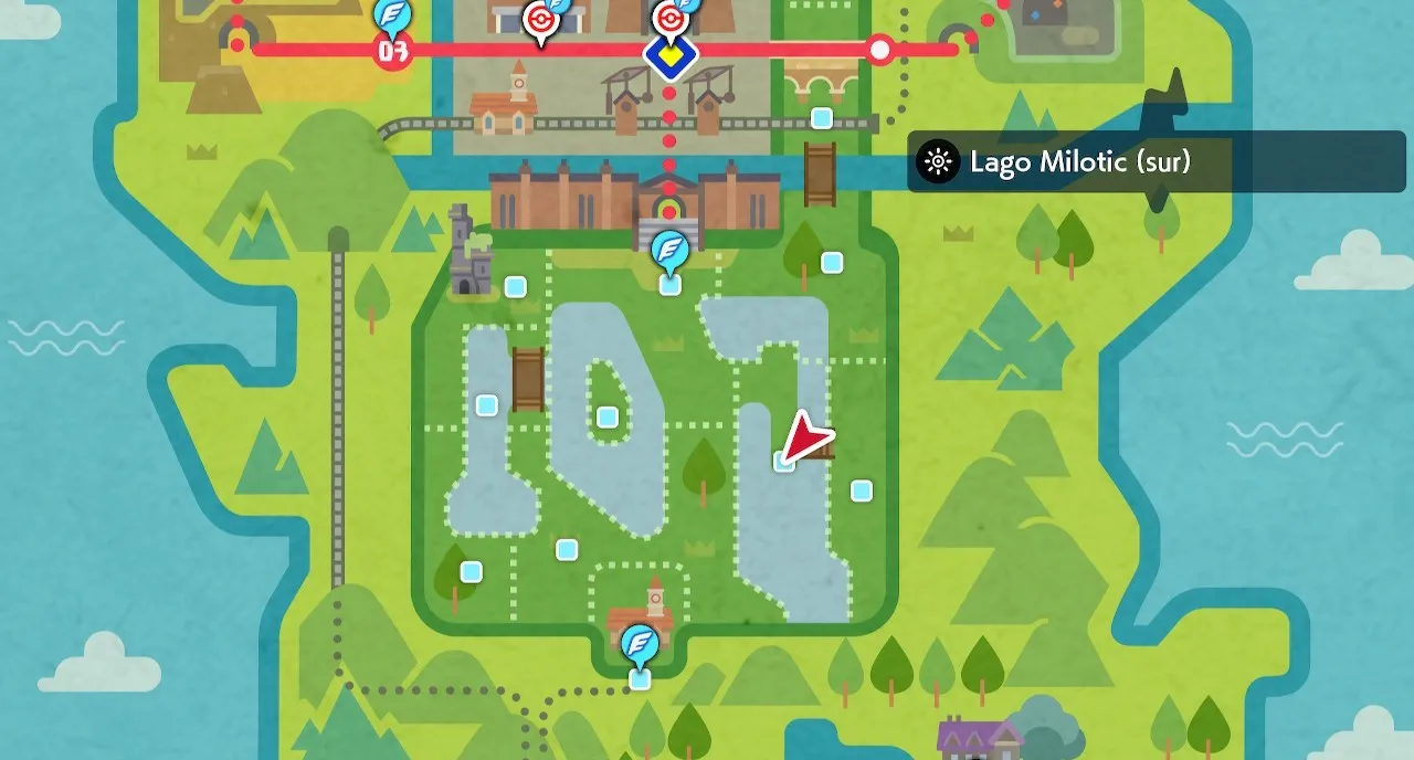 Mapa de Galar con Lago Milotic (sur) señalado